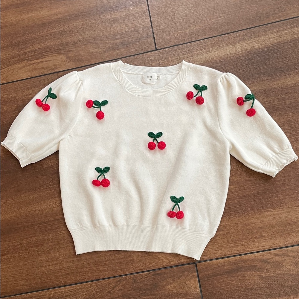 LUNA IVY 3D Cherry Embellished Sweater, Anthropologie, M